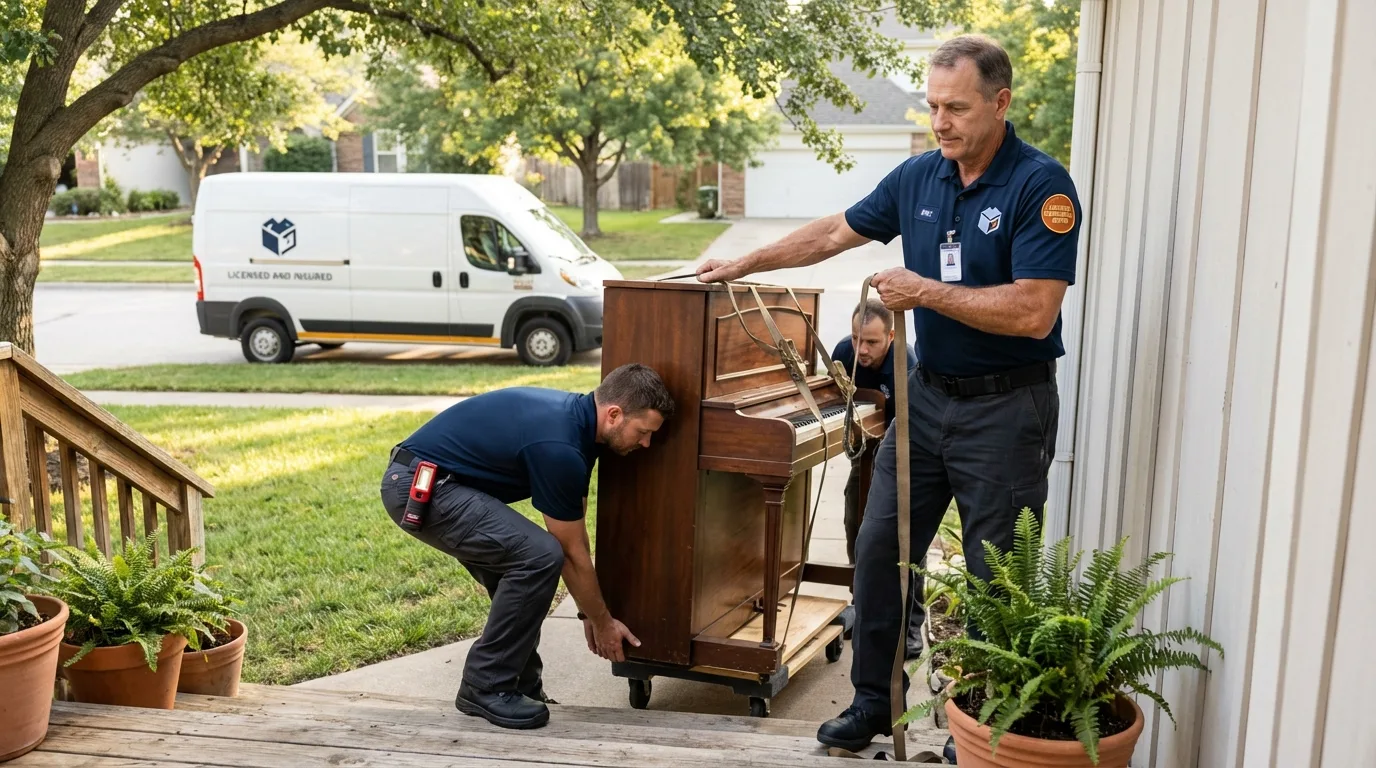 Licensed piano movers securing grand piano in Albion, IL