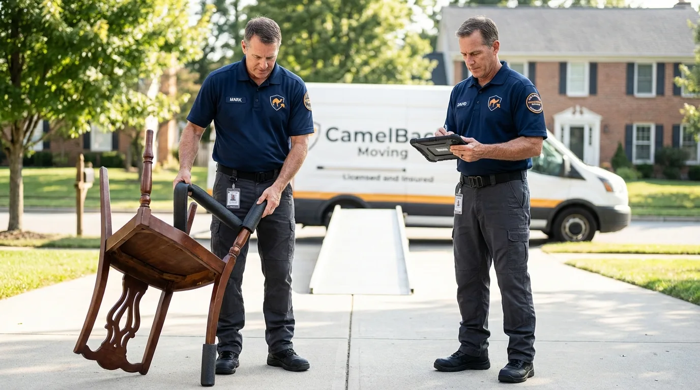Movers inspecting furniture for damage prevention before loading in Albion, IL
