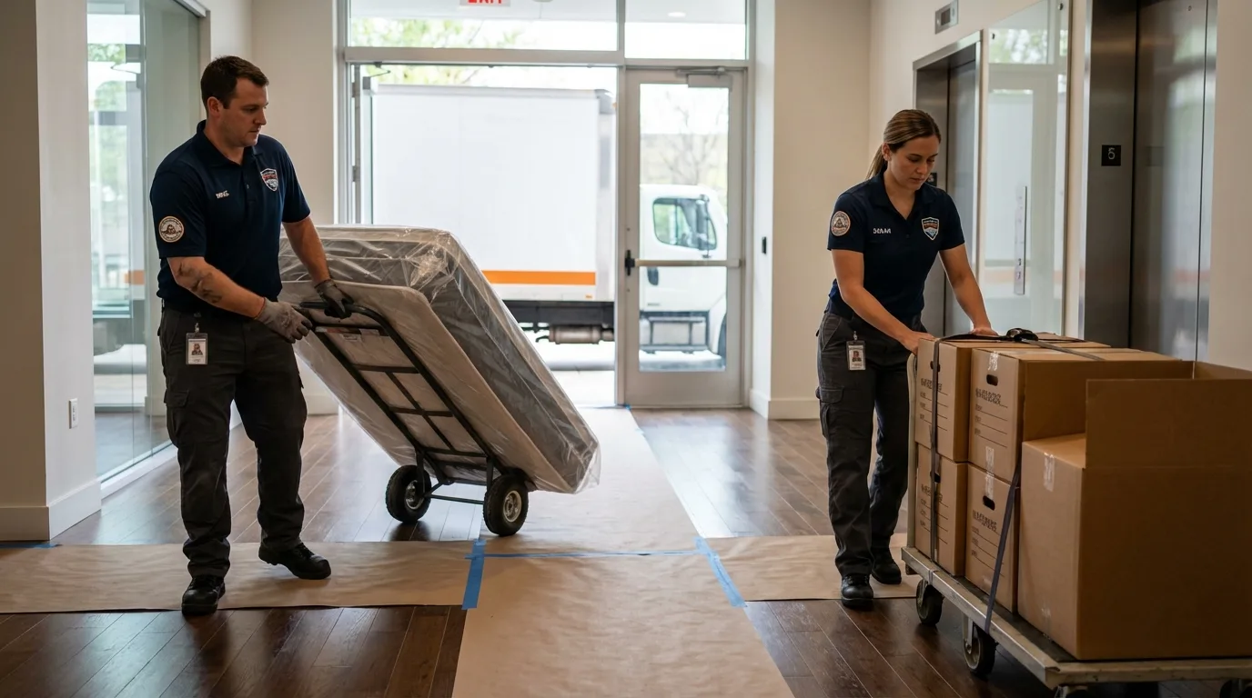 Professional apartment movers loading elevator in Albion, IL