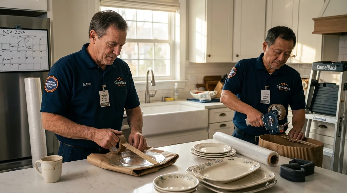 Professional crew packing kitchen dishware in Albion, IL